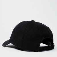 A black unstructured 6-panel cap featuring a rear adjustable strap and a logo on the side.
