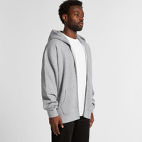 A grey zip hoodie with a relaxed fit, featuring a front zipper and a hood, displayed on a male model.