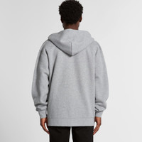 A grey hoodie with a spacious fit, featuring a hood and long sleeves, seen from the back.