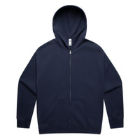 A navy zip-up hoodie with a kangaroo pocket and a hood. It features a small logo on the label inside.