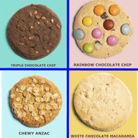 A selection of cookies, including Triple Chocolate Chip, Rainbow Chocolate Chip, Chewy Anzac, and White Chocolate Macadamia, displayed on pastel backgrounds.
