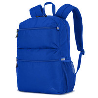 A blue backpack featuring multiple zippered compartments and mesh side pockets, with padded shoulder straps.
