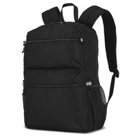 A black backpack with multiple compartments, featuring adjustable straps and a side mesh pocket. It has a logo on it.