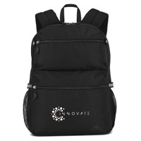 A black backpack with multiple compartments and side mesh pockets, featuring a logo on the front.