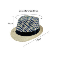 A straw woven top hat with a patterned blue crown and beige brim, featuring a black band. Includes measurements.