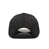 Black snapback hat back view with adjustable strap.