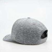 Grey adjustable snapback cap with textured fabric.
