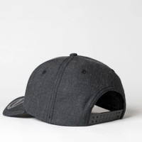 Black snapback cap with adjustable strap on a white background.