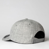 Gray snapback cap with adjustable strap and textured fabric design.