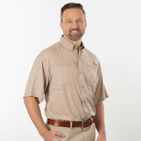 A short-sleeved black fishing shirt with a button-up front and two chest pockets, featuring a branding logo.