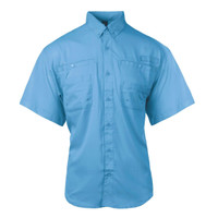 A short sleeve fishing shirt in light blue with two front pockets and a button-up design. It features a logo on the chest.