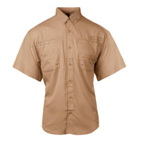 A short sleeve fishing shirt in a light brown colour, featuring two chest pockets and a button-down design.