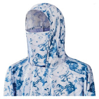 A fishing hoodie in blue and white, featuring a hood and a pocket, designed for sun protection.
