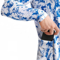 A men's hoodie in blue and white with long sleeves, featuring a pocket for storing small items.