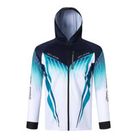 A men's hooded jacket in white, navy, and teal, featuring a sublimated design and a logo on the sleeve.