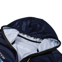 A navy hooded jacket made of 100% polyester, featuring a lined interior and a logo on the front.