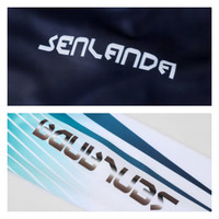 A close-up of a fabric featuring two designs: one in navy and another in white with turquoise stripes.