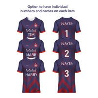 A set of three navy and maroon t-shirts featuring sublimated designs, with space for names and numbers.
