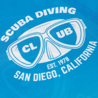 A blue rashie featuring a design of scuba goggles and a logo with the words "SCUBA DIVING" and "SAN DIEGO, CALIFORNIA".