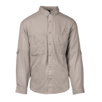 Long sleeve button-up fishing shirt in a light tan colour, featuring multiple pockets and a logo.