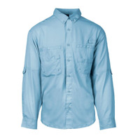 A light blue long sleeve fishing shirt featuring button-up front and multiple pockets. It has a logo on it.