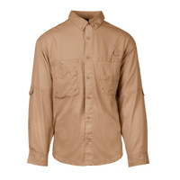 A tan long sleeve fishing shirt with button-up front and multiple pockets. It features a logo on the fabric.