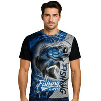 A men's fishing t-shirt featuring a fish graphic in blue and black with a logo.