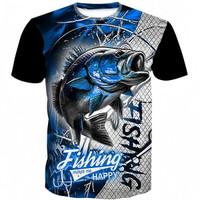 A men's fishing T-shirt in blue and black, featuring a graphic of a fish and a textured background with a logo.