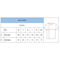 A size chart for a T-shirt, detailing chest width and total length measurements in centimetres.
