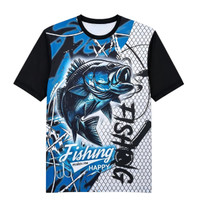A vibrant blue and black fishing T-shirt featuring a fish graphic and mesh design, complete with a logo.