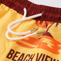 Men's polyester board shorts in yellow with a maroon waistband, featuring drawstring details and a logo.