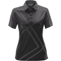 A dark grey women's polo shirt featuring a geometric pattern and a collar. The shirt has a logo on it.