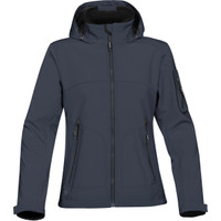 A dark blue women's softshell jacket featuring a zippered front, hood, and multiple pockets. It includes a logo on the sleeve.