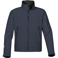 A navy blue men's softshell jacket featuring a high collar, zippered pockets, and a logo on the sleeve.