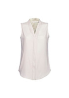 A sleeveless, light cream women's top with a v-neck and soft fabric. Features a branding logo.