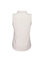 A white sleeveless top with a collar and a smooth back design. It features a small logo.