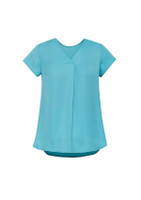 A light blue women's pleat blouse with a V-neck and short sleeves, featuring a smooth, flowing fabric.