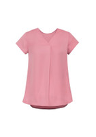 A pink women's V-neck blouse with short sleeves and a pleat detail, featuring a simple, elegant design.