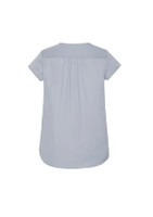 A light blue women's blouse featuring a V-neck and pleat detailing at the back. Includes a logo.