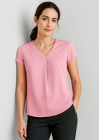 A pink women's V-neck pleat blouse with short sleeves, featuring a relaxed fit and subtle pleat detail.