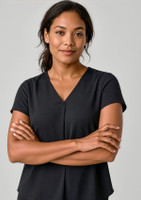 A black women's V-neck pleat blouse with short sleeves, featuring a relaxed fit and an understated design.