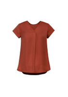 A brown women's V-neck pleat blouse with short sleeves, featuring a loose fit and no visible branding.