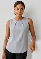 A sleeveless pleat detail blouse in light grey, featuring a round neckline and a relaxed fit. 