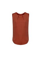 A sleeveless blouse in a rich rust colour featuring pleat detail along the neckline. It has a smooth, flowing cut.