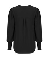 A black long sleeve top featuring puffed sleeves and gathered cuffs. The back design includes a subtle pleat.