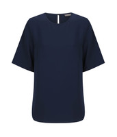 A navy short sleeve top with a rounded neckline and a small opening at the back, featuring a logo.