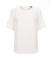 A white short sleeve top with a round neckline and a back button closure, featuring a simple design and smooth fabric.
