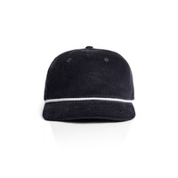 A navy corduroy cap with a white rope detailing across the front and a curved brim. It features a logo tag.