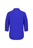 A blue women's blouse with 3/4 sleeves, featuring a collared neckline and a relaxed fit. It has a branding logo.