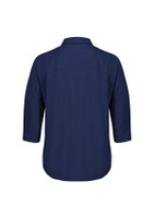 A navy blue women's blouse with 3/4 sleeves and a classic collar, featuring a smooth back design.